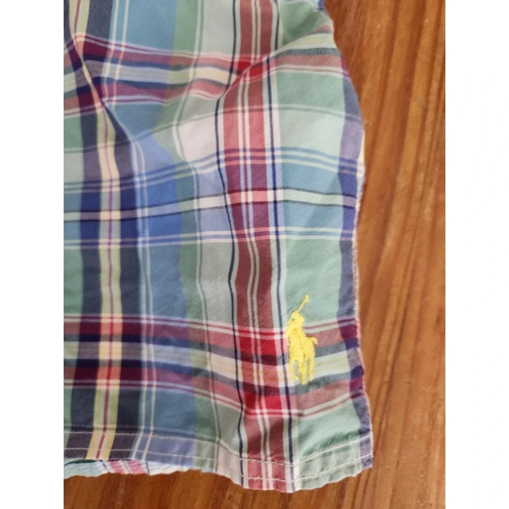 Polo Ralph‎ Lauren Blue Green Plaid Swim Trunks Shorts Mesh Yellow Pony Lrg Vtg